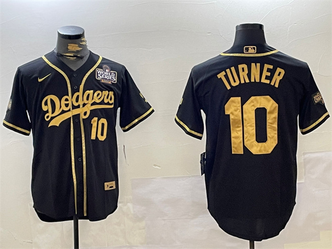 Los Angeles Dodgers #10 Justin Turner Black Gold 2024 World Series Cool Base Stitched Jersey - Click Image to Close